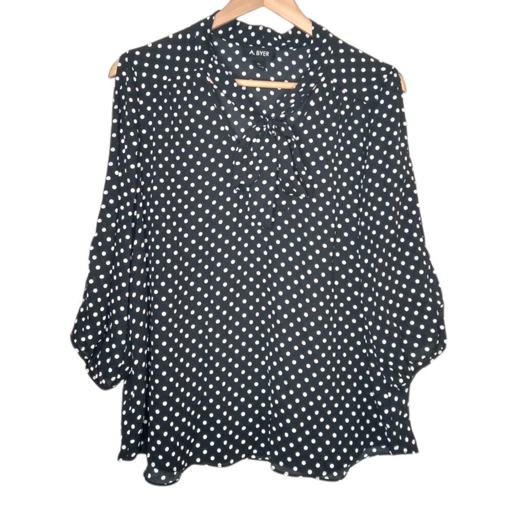 A Byer Polka Dot Blouse XL Black White Cold Shoulder Neck Tie Retro Pinup Top